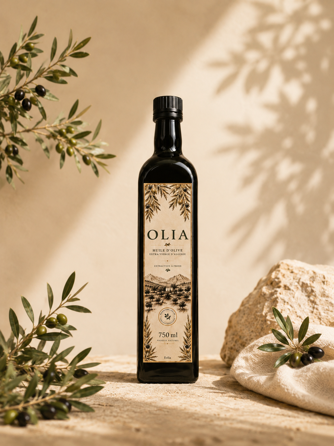 Bouteille Olia — huile d'olive extra vierge d'Algérie, oliviers de Seddou
