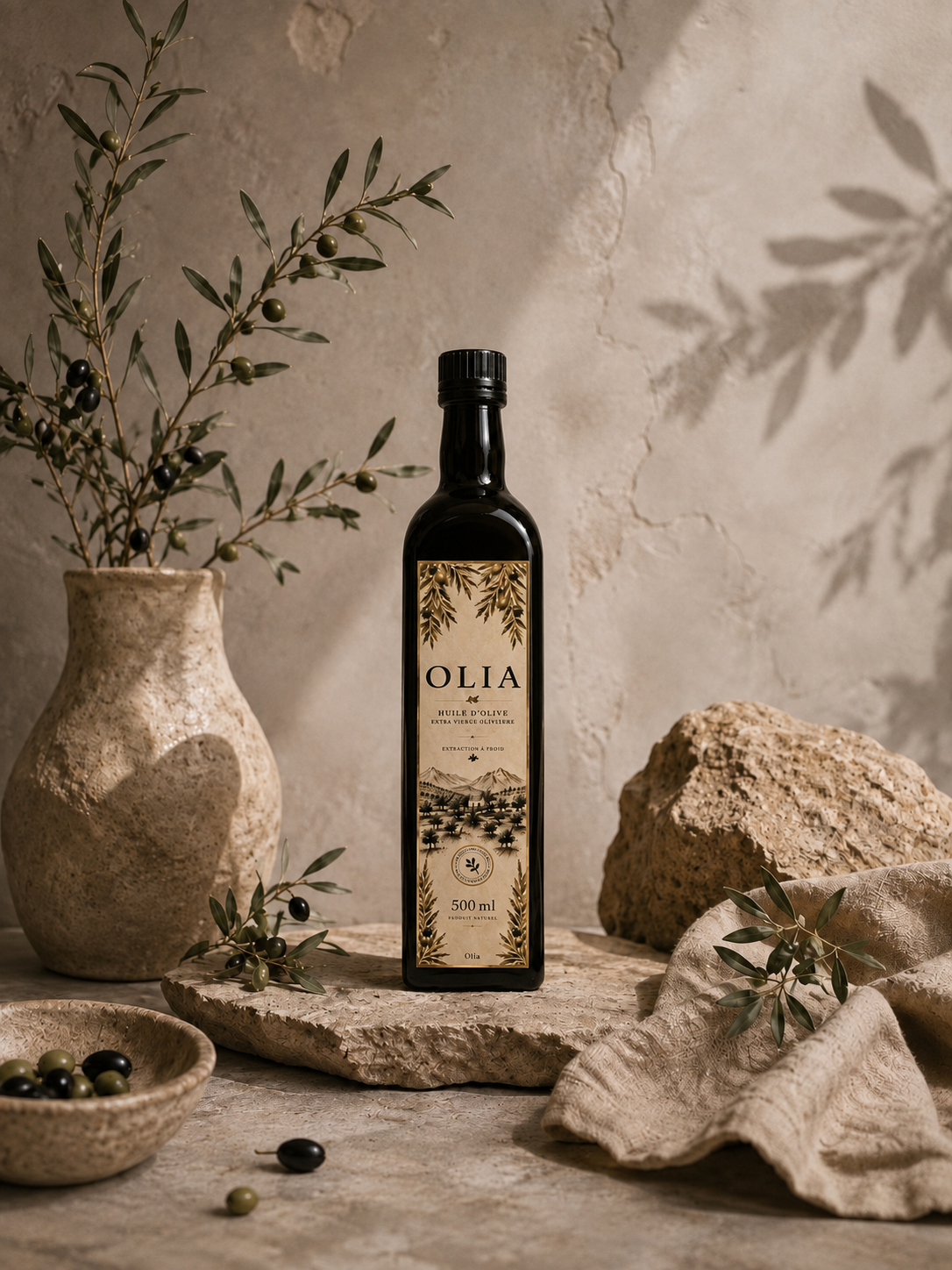 Bouteille OLIA — huile d'olive vierge extra premium de Tlemcen, Algérie